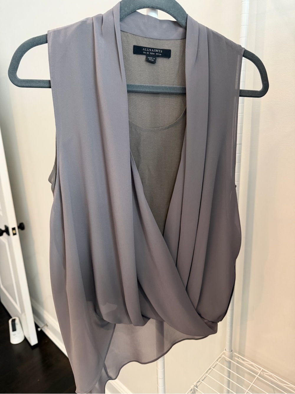 All Saints Draped Sleeveless Crossover Camisole in Taupe Gray